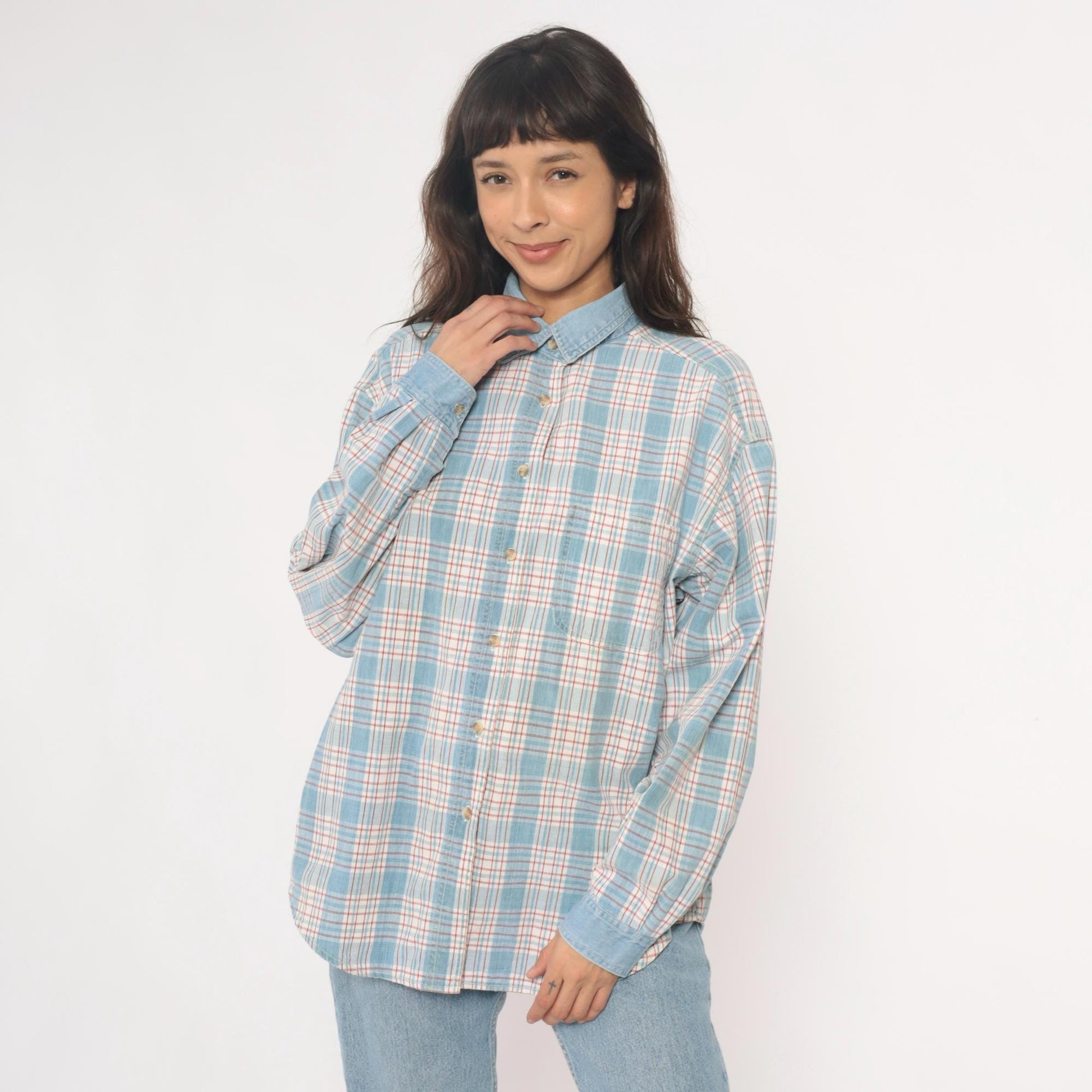 90s Paris Sport Club Plaid Button Down Shirt Denim Collar Cotton Large L