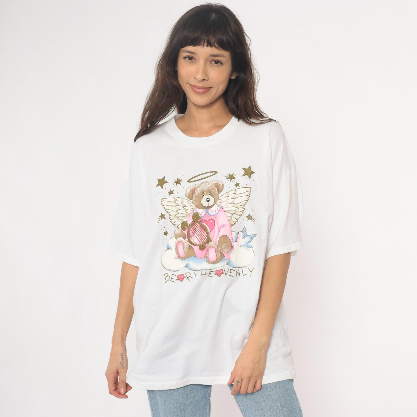 90s Oneita Beary Heavenly Angel Teddy Bear Graphic Tee White Plus Size XXL