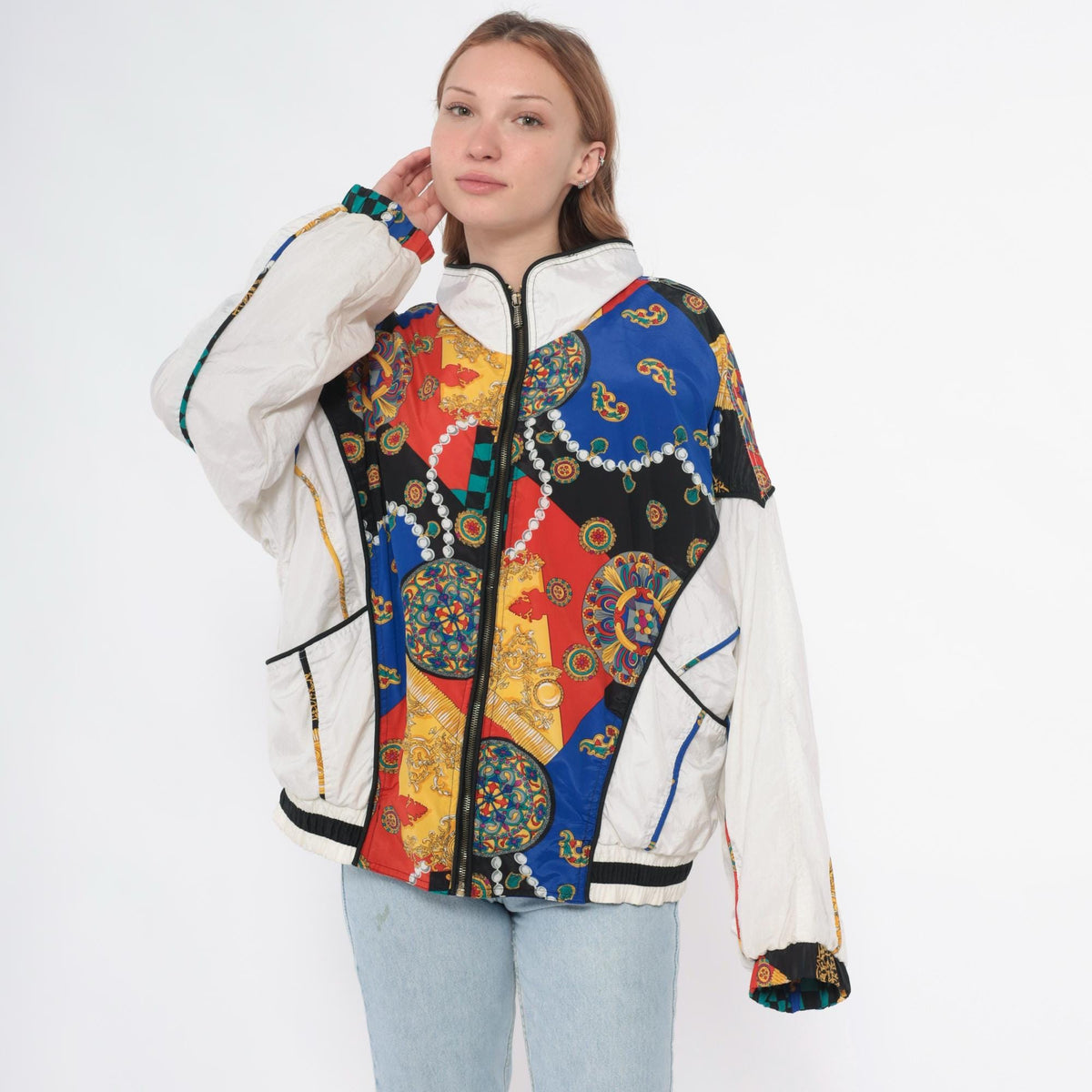 90s East West Windbreaker Multicolor Baroque Checkerboard Chain Print Large
