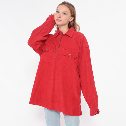 90s Marlboro Corduroy Half-Zip Shirt Red Cotton Collared Medium