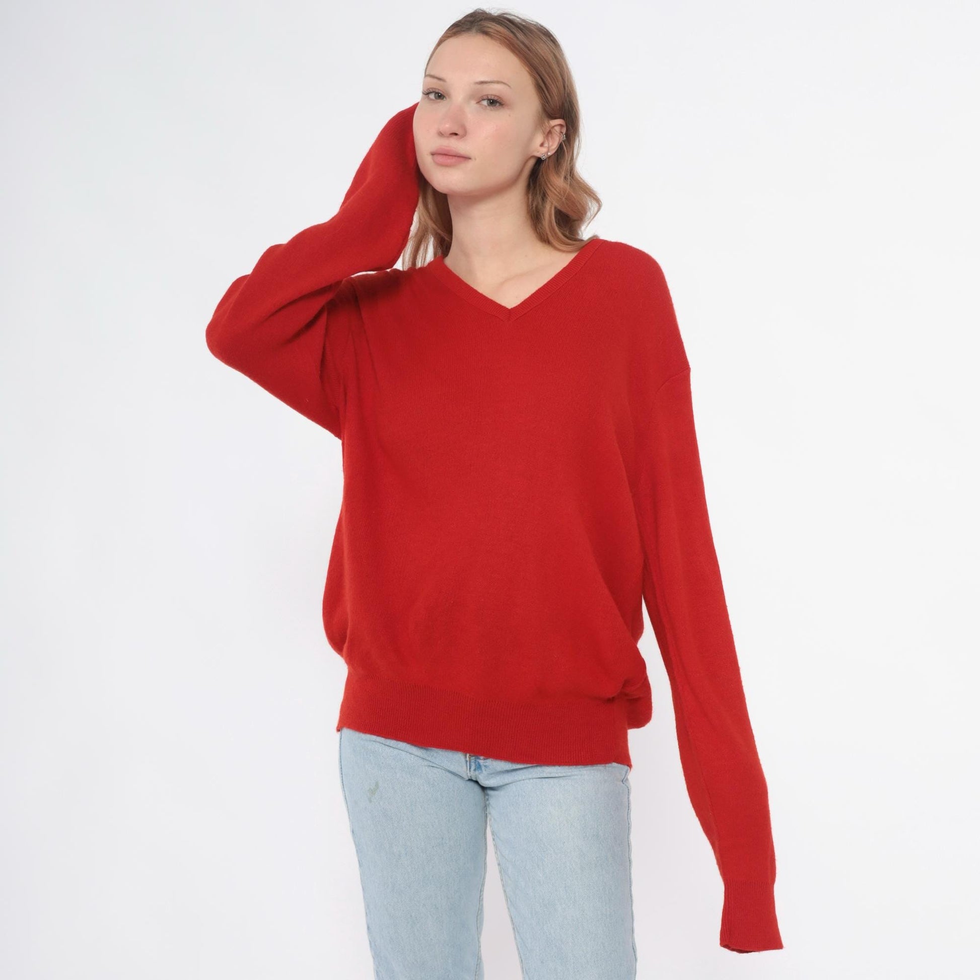 90s Puritan Red V-Neck Sweater Ribbed Knit Pullover Large L