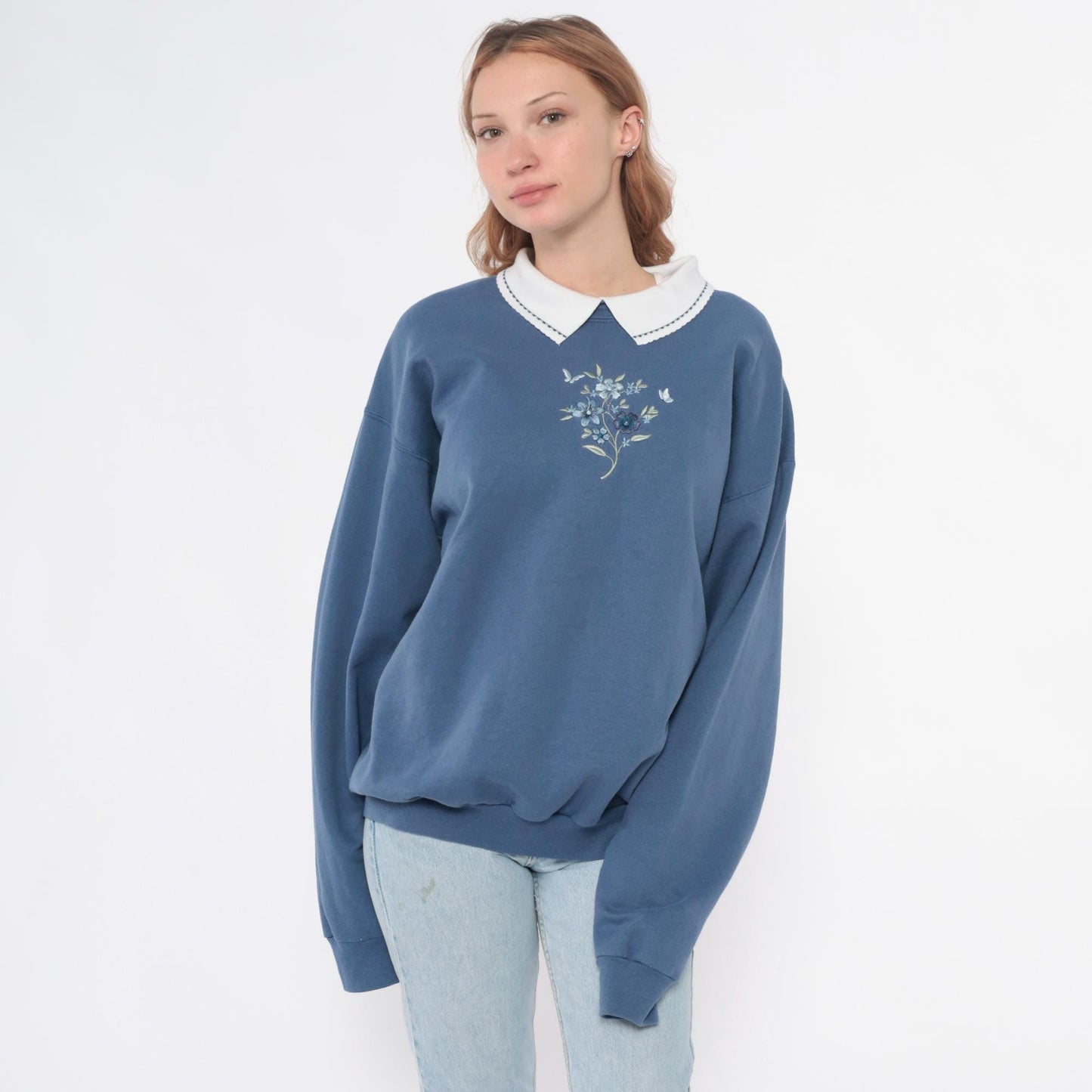 90s Morning Sun Butterfly Embroidered Sweatshirt Dusty Blue Peter Pan Collar Large