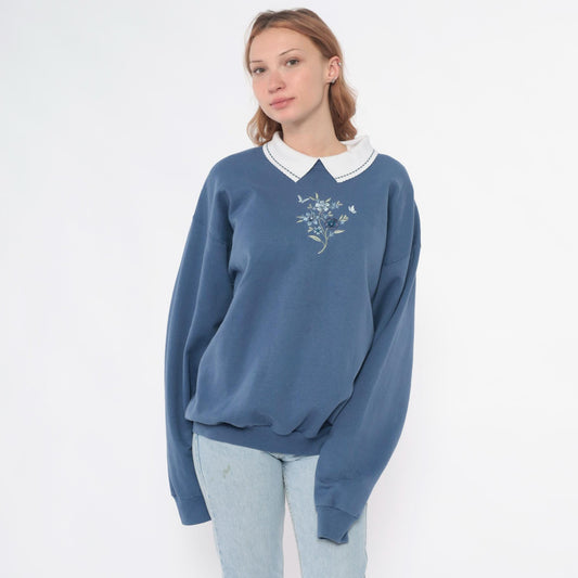 90s Morning Sun Butterfly Embroidered Sweatshirt Dusty Blue Peter Pan Collar Large