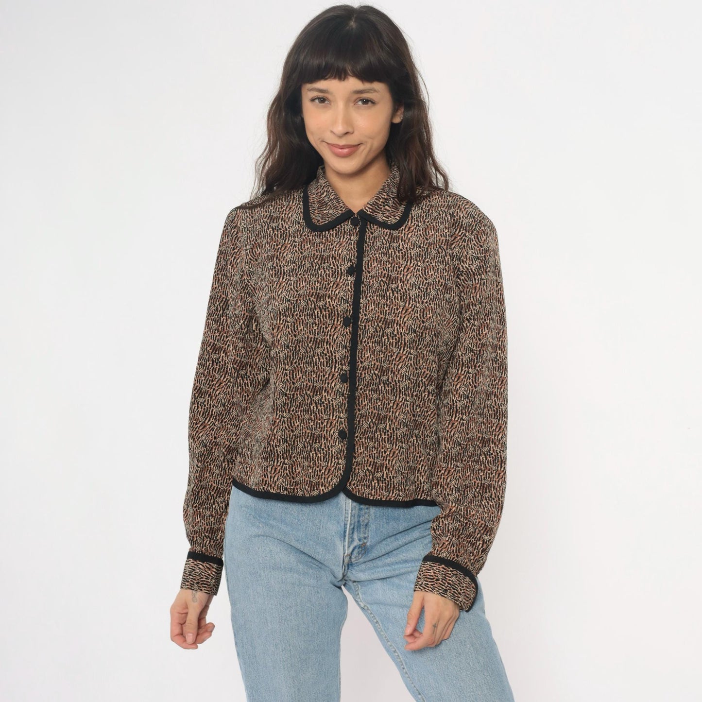 Y2K Nancy Crystal Cropped Jacket Brown Animal Print Peter Pan Collar Large L