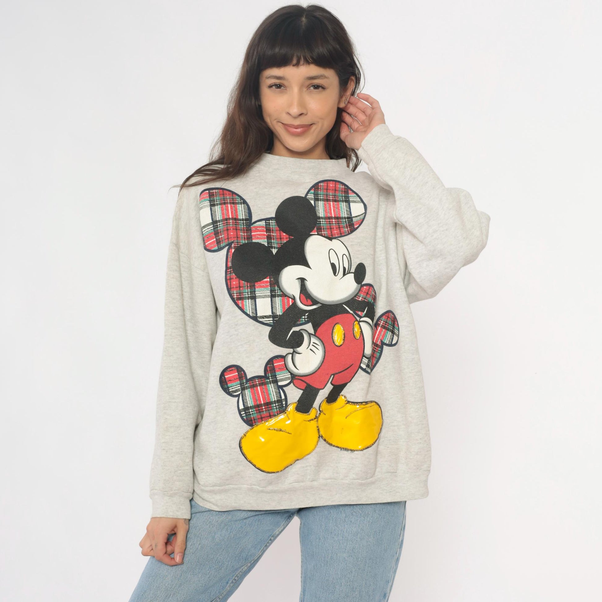 90s Mickey Unlimited Sweatshirt Grey Plaid Graphic Crewneck Extra Large XL