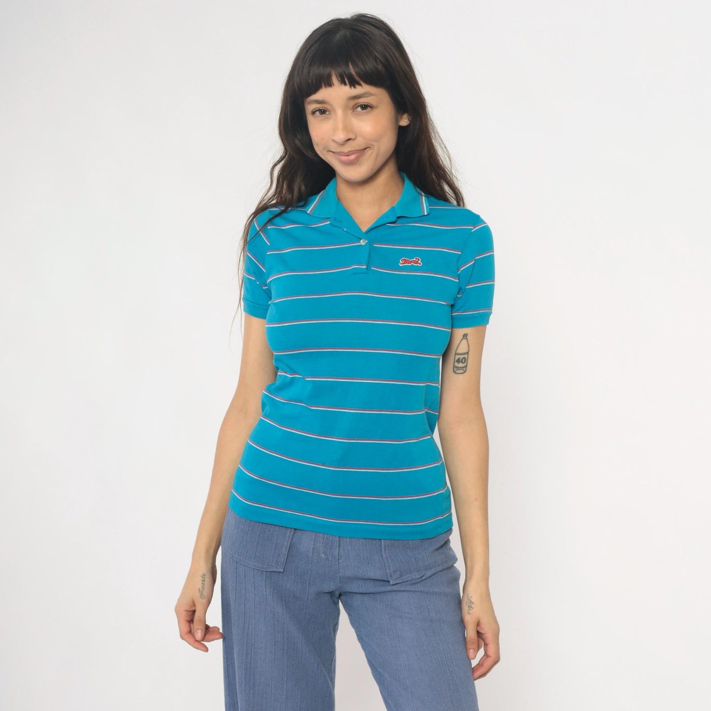 90s Le Tigre Polo Striped Blue Red White Horizontal Collared Shirt Extra Large XL