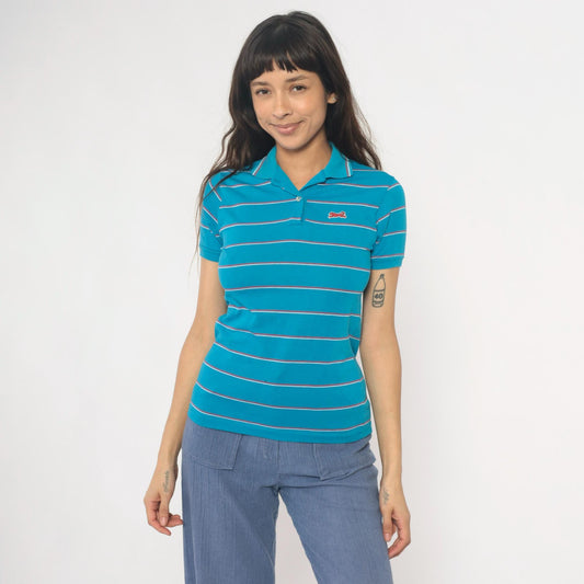 90s Le Tigre Polo Striped Blue Red White Horizontal Collared Shirt Extra Large XL