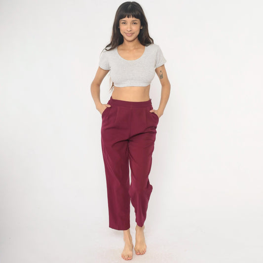 80s Burgundy High-Waist Pleated Tapered Trousers Cropped Length Medium
