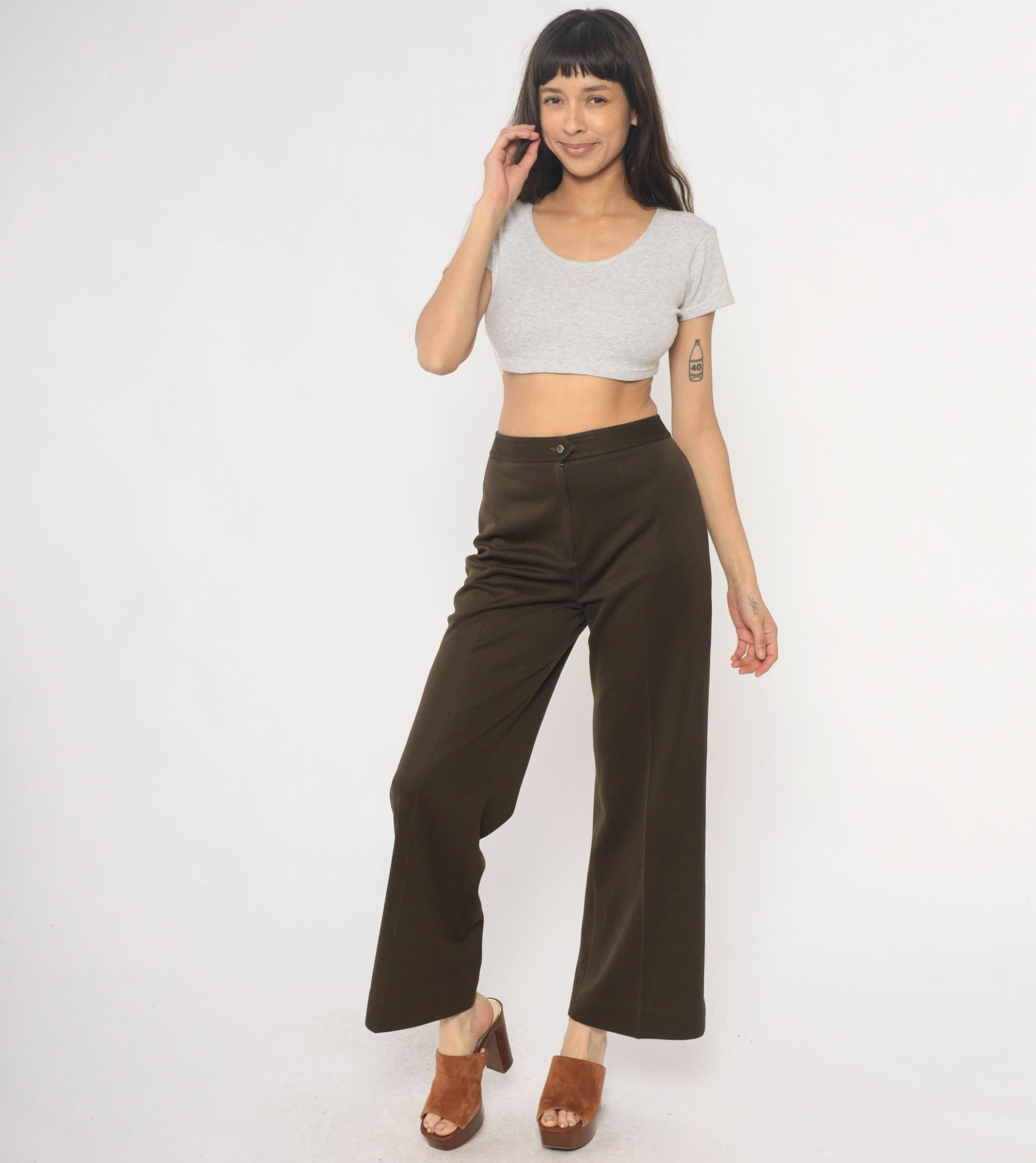 70s High Waisted Brown Straight Leg Trousers Flat Front Medium