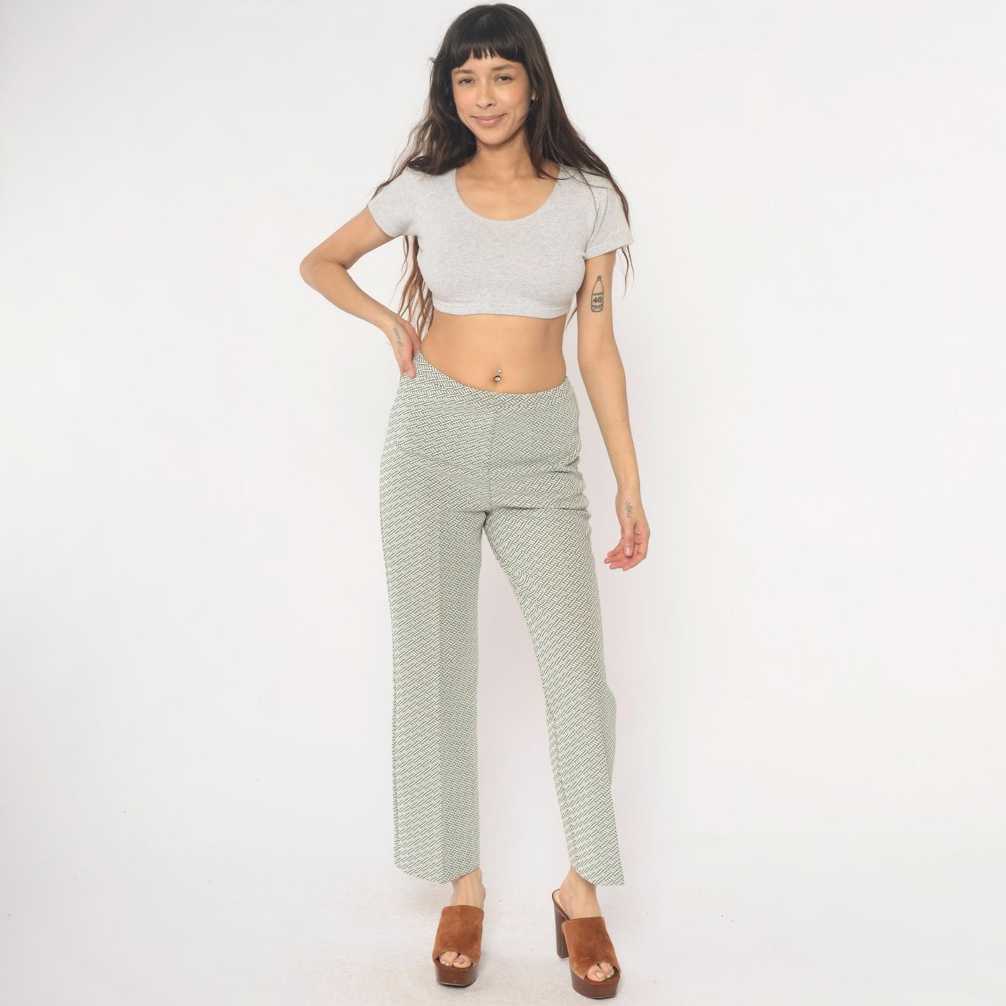70s Geometric Basketweave Straight Leg Pants Cream Black High Waist Small