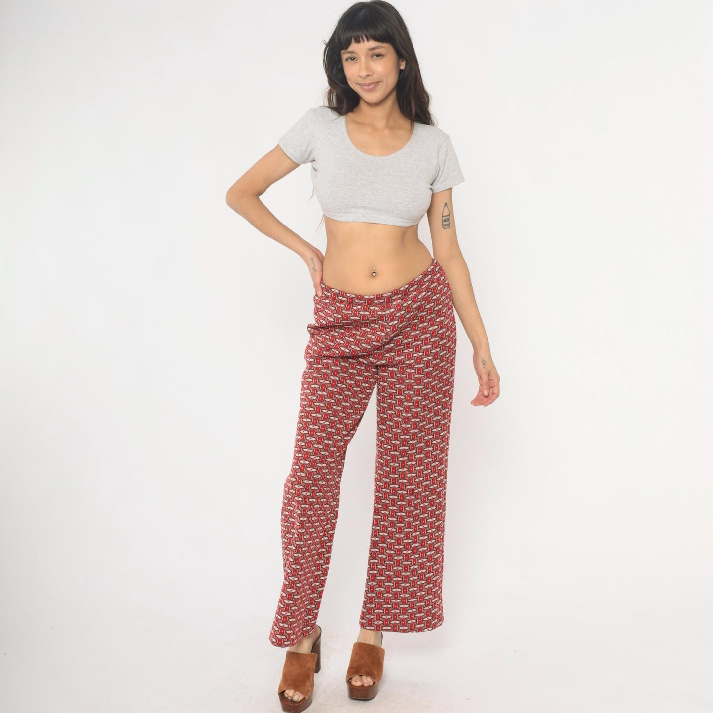 70s Red Lion Geometric Chain Print Straight Leg Trousers Burgundy Medium M