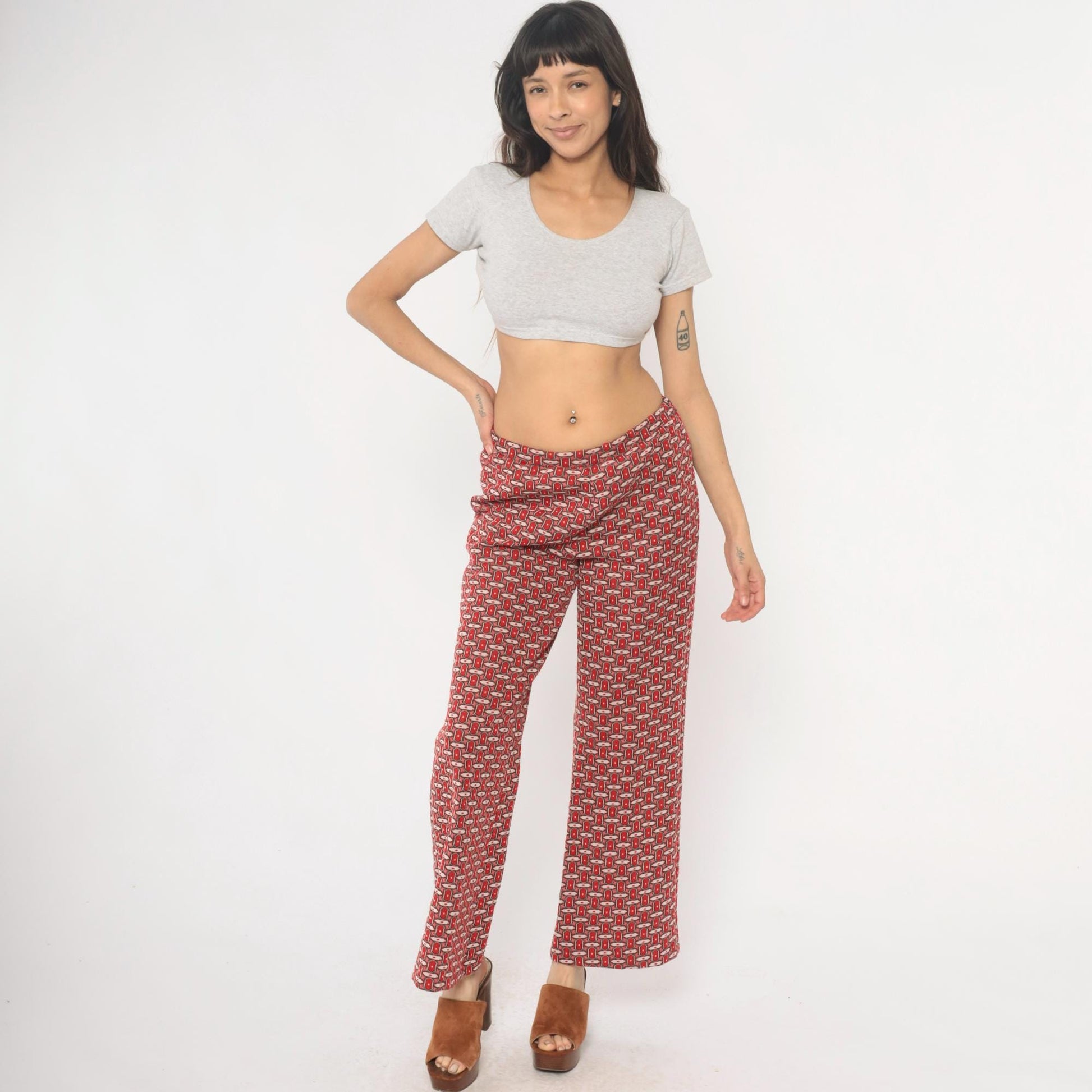 70s Red Lion Geometric Chain Print Straight Leg Trousers Burgundy Medium M