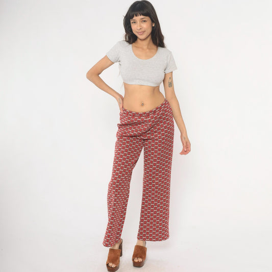 70s Red Lion Geometric Chain Print Straight Leg Trousers Burgundy Medium M