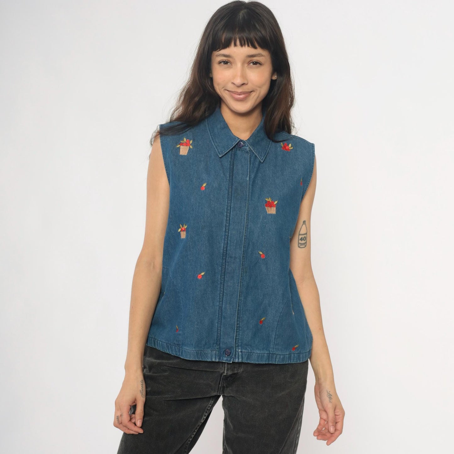 90s Allison Daley Denim Vest Embroidered Apple Basket Blue Collared Medium