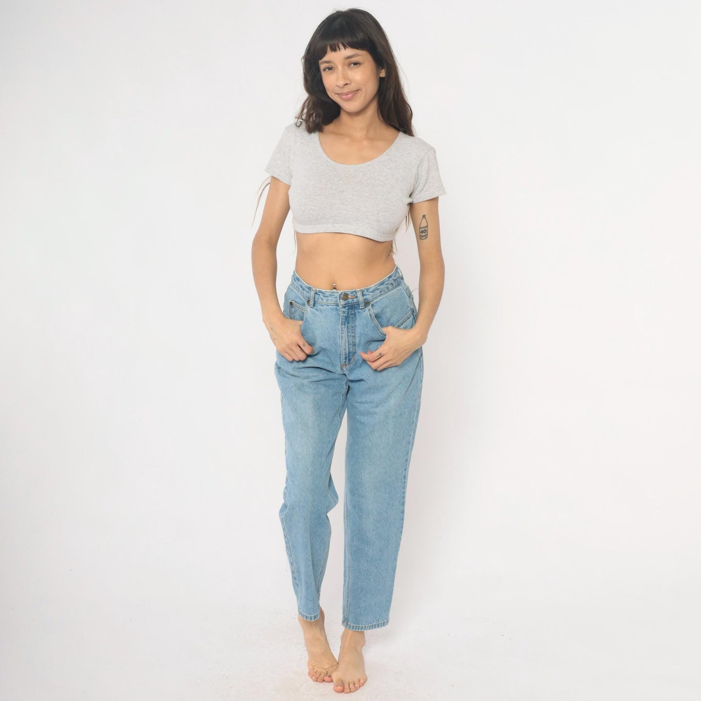 90s Liz Authentic High Waisted Jeans Light Wash Leaf Pocket Medium