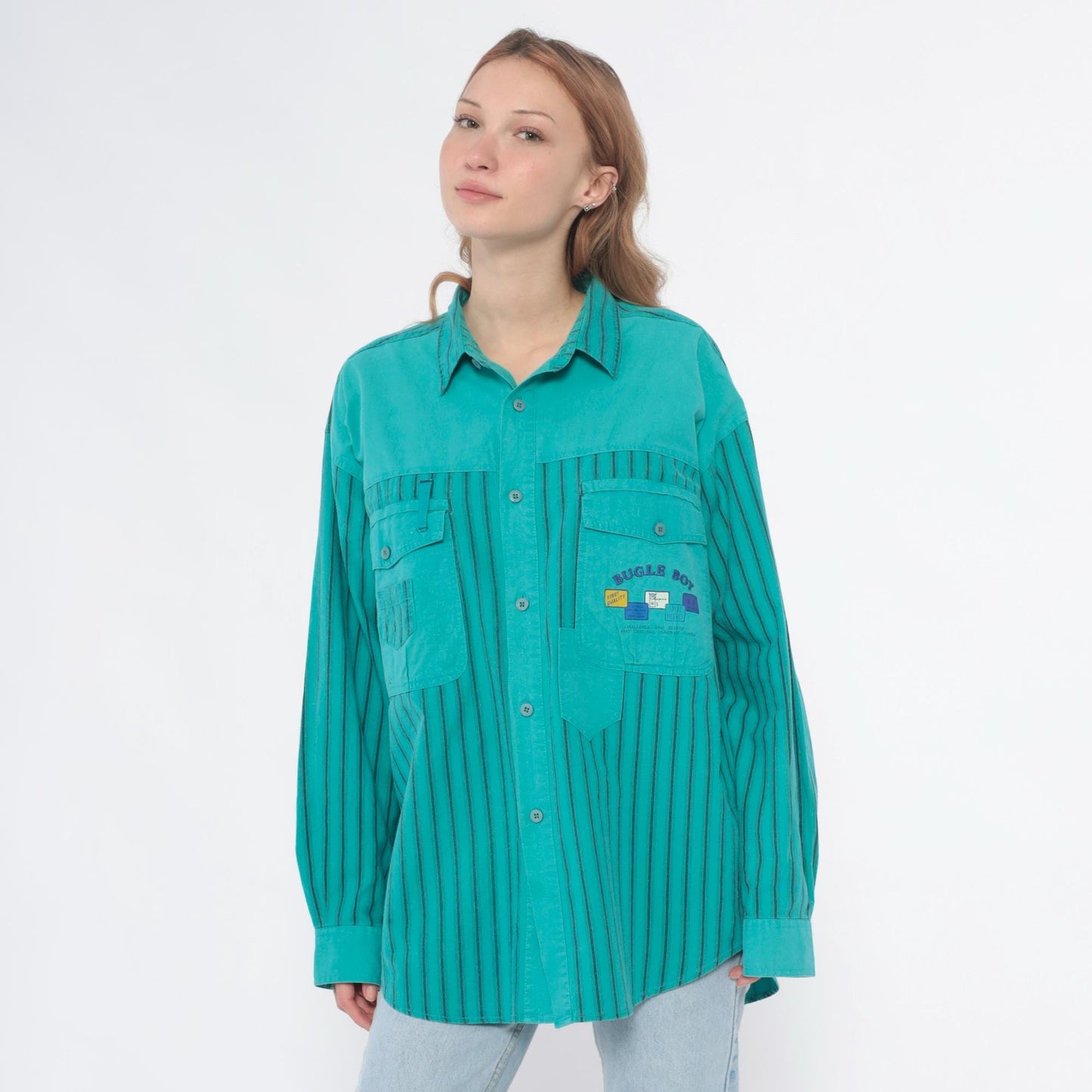 90s Bugle Boy Turquoise Striped Cotton Button-Up Shirt Large L