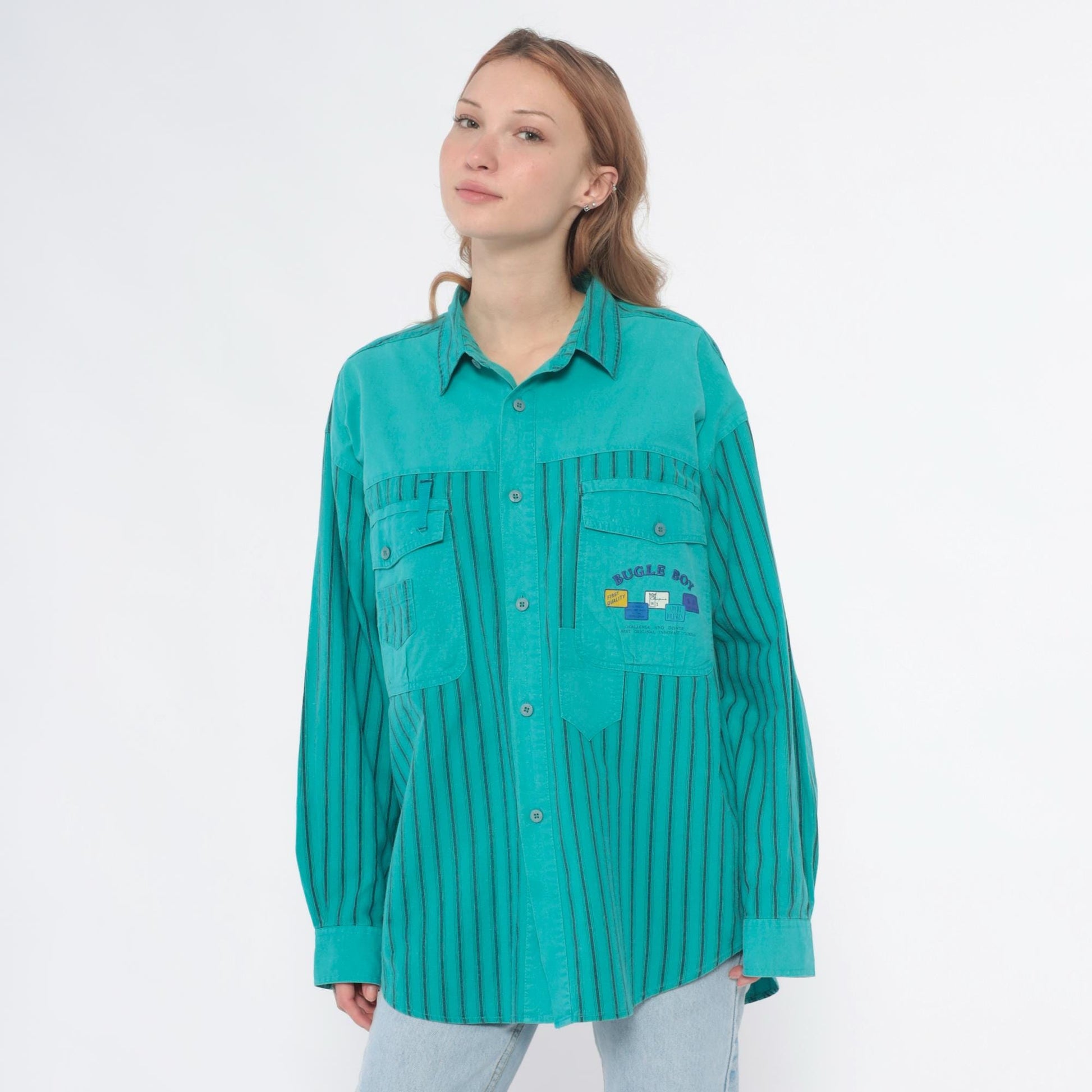 90s Bugle Boy Turquoise Striped Cotton Button-Up Shirt Large L
