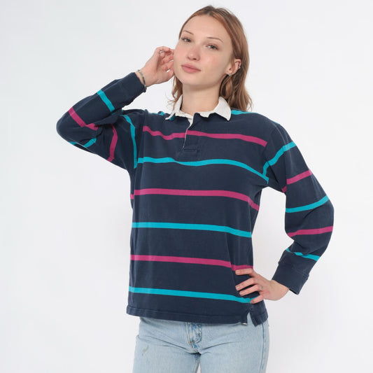 90s Dover by Arrow Rugby Polo Navy Pink Teal Striped Cotton Small