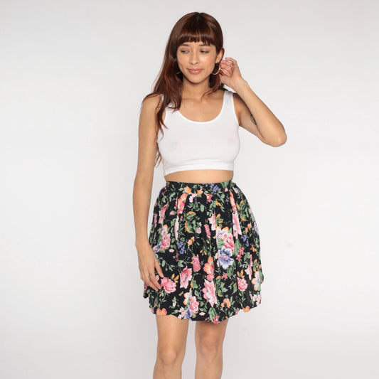 90s Rampage Floral Mini Skirt Black Pink Purple Orange Green Small S