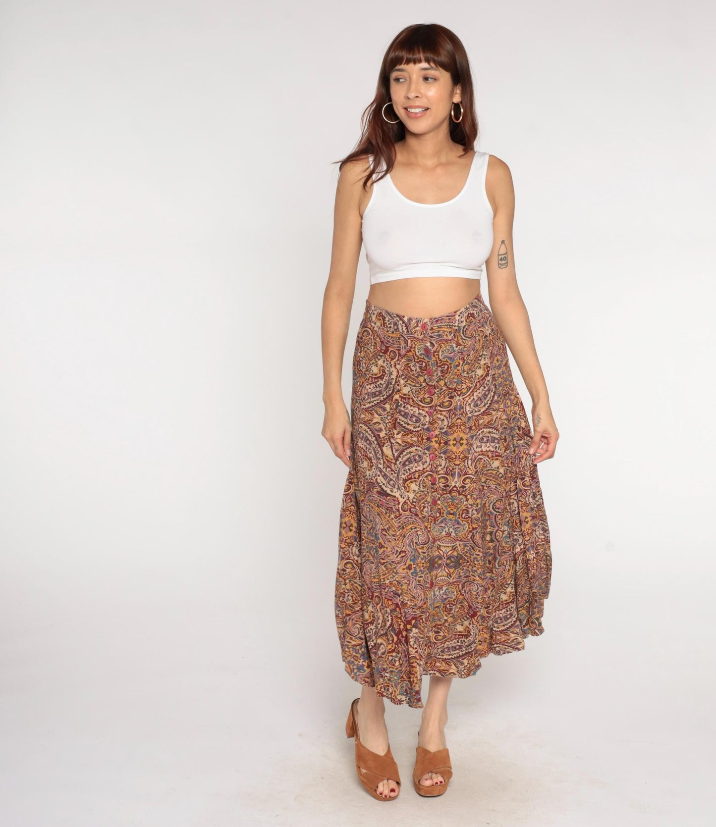 90s Express Paisley Midi Skirt Button Front Brown Purple Gold Medium M