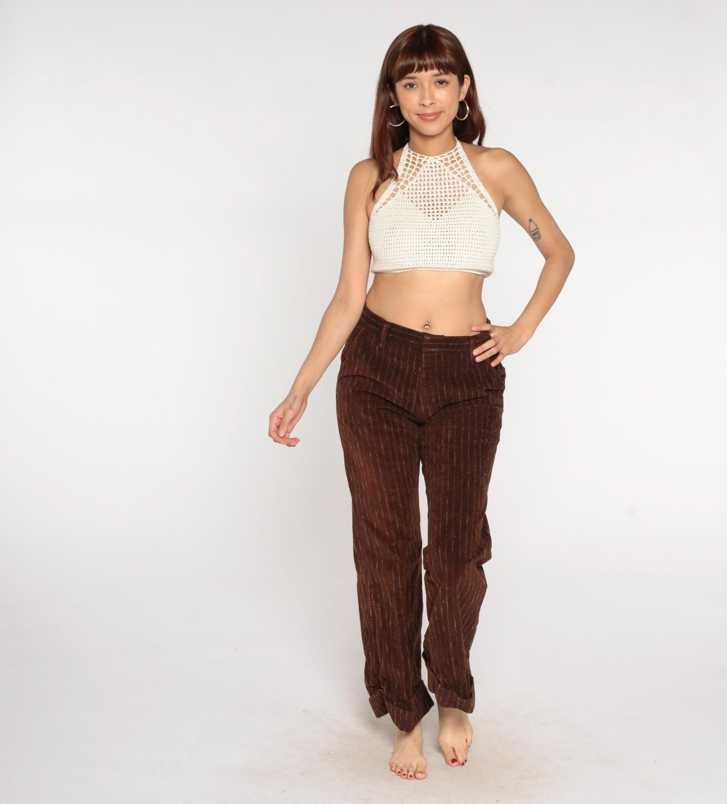 70s Farah Corduroy Pants Brown Pinstripe High Rise Straight Leg Waist 32