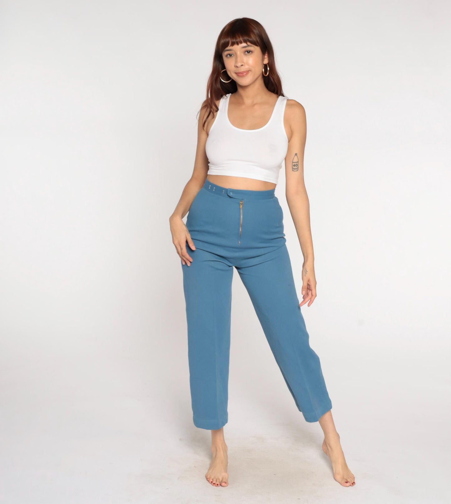 70s Dusty Blue High-Waisted Straight Leg Cropped Trousers Extra Small XS