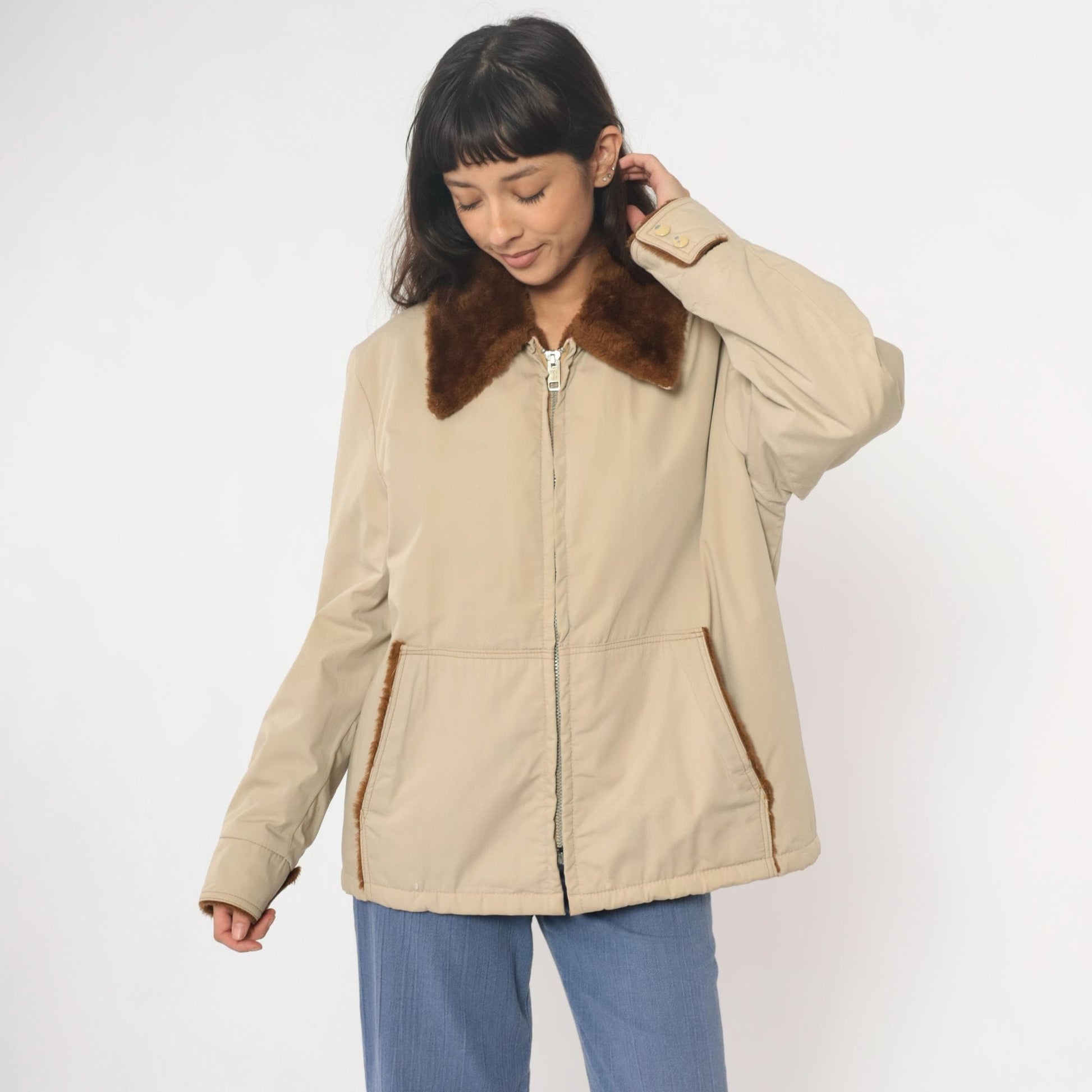 80s Weathercastle Bomber Jacket Beige Faux Fur Collar Lined Large