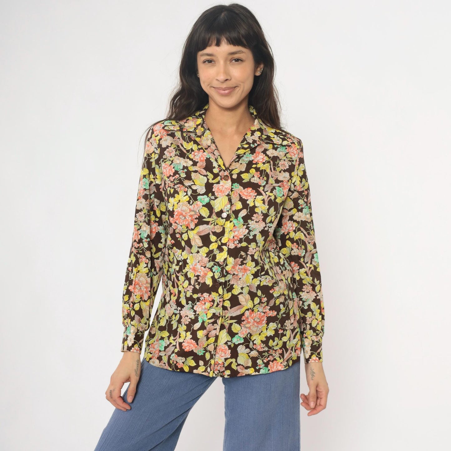 70s Pykettes Floral Blouse Brown Psychedelic Print Collared Long Sleeve Medium