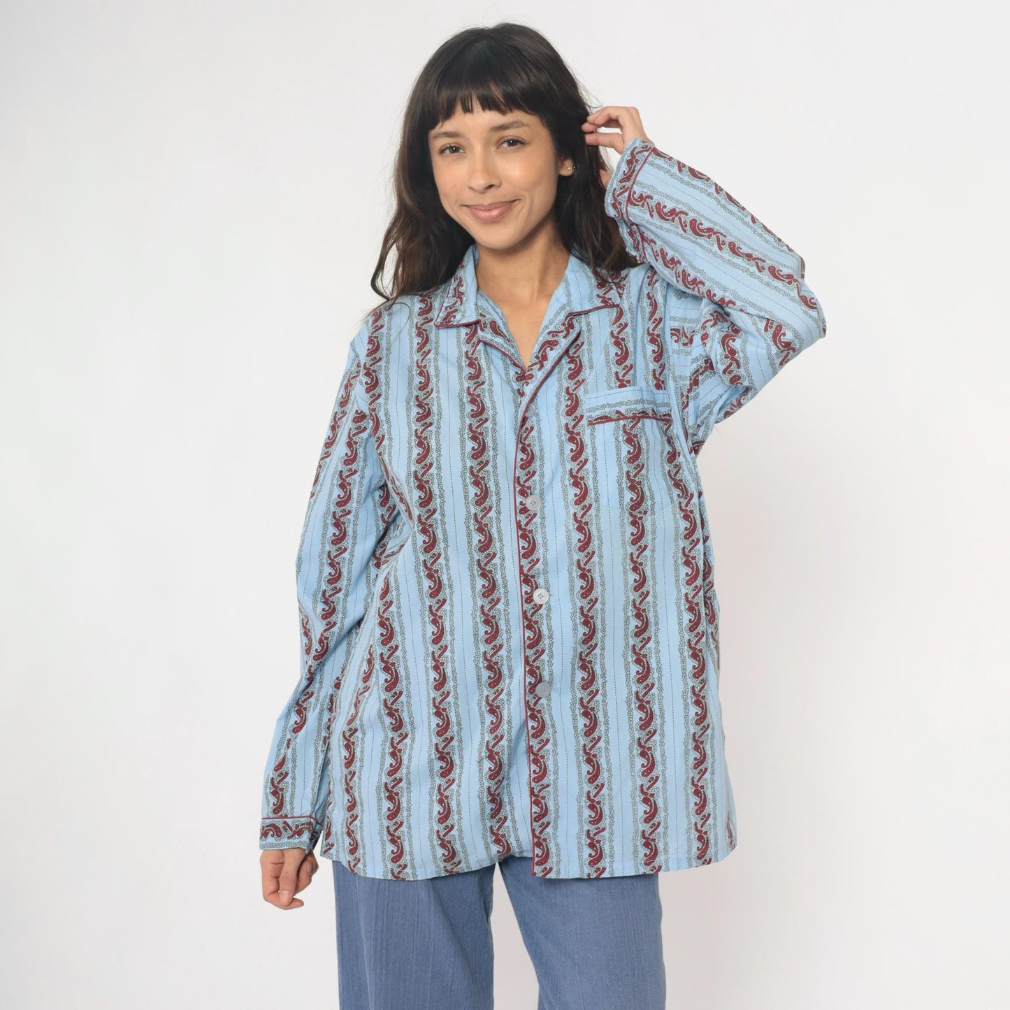 90s Paisley Stripe Pajama Shirt Light Blue Burgundy Cotton Notched Collar Large