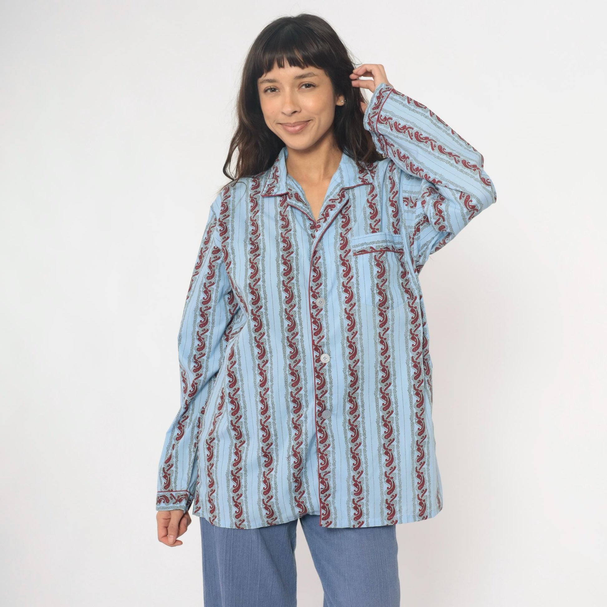 90s Paisley Stripe Pajama Shirt Light Blue Burgundy Cotton Notched Collar Large