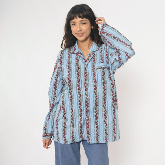 90s Paisley Stripe Pajama Shirt Light Blue Burgundy Cotton Notched Collar Large