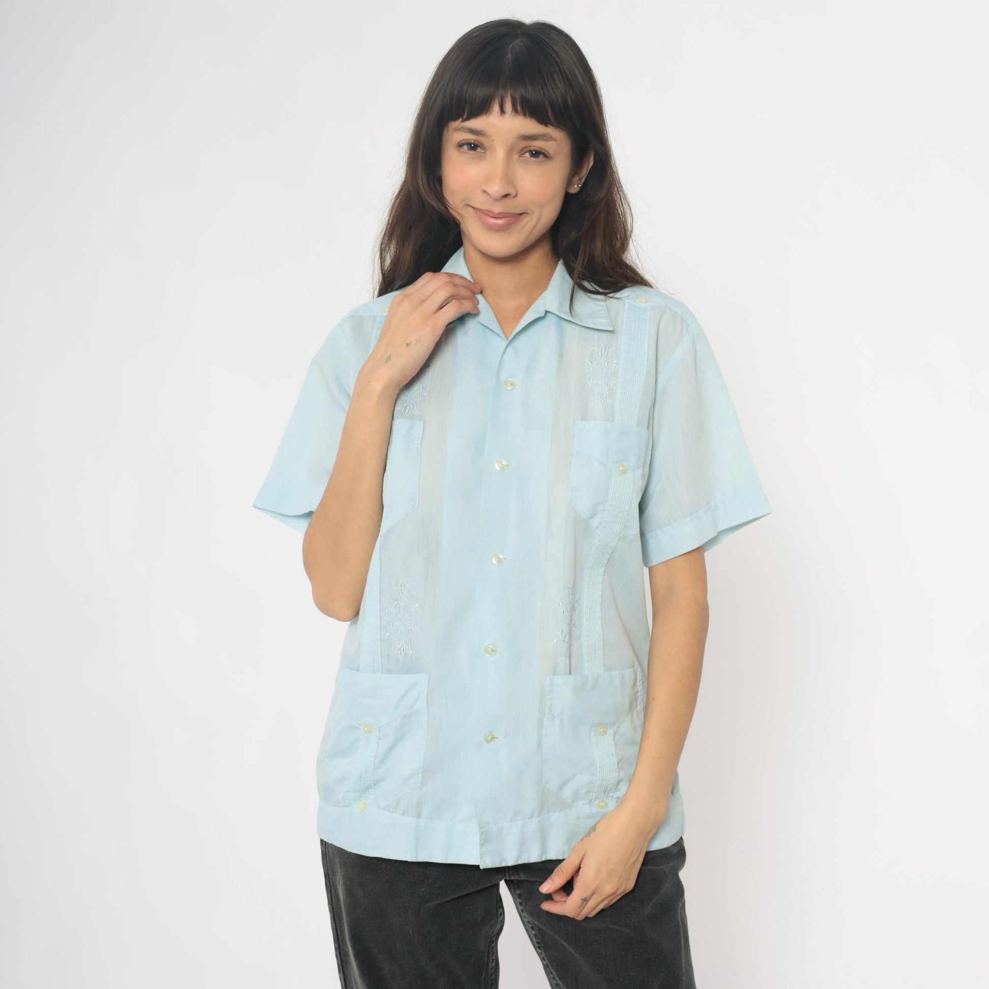 80s Light Blue Mexican Embroidered Pintuck Camp Collar Shirt Large L