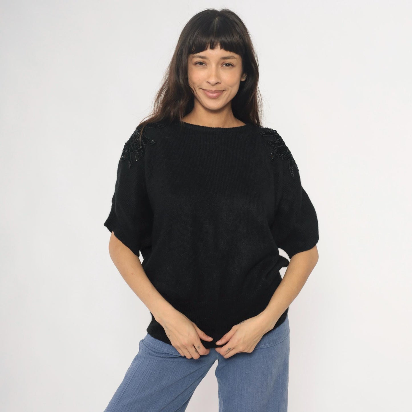 90s Justin B Jones Black Sequin Shoulder Knit Sweater Medium M