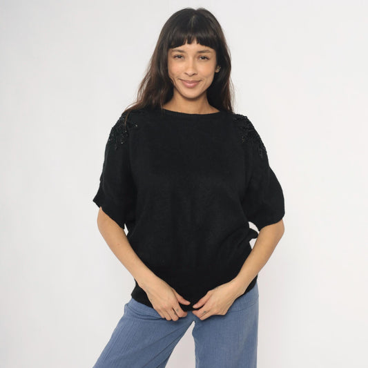 90s Justin B Jones Black Sequin Shoulder Knit Sweater Medium M
