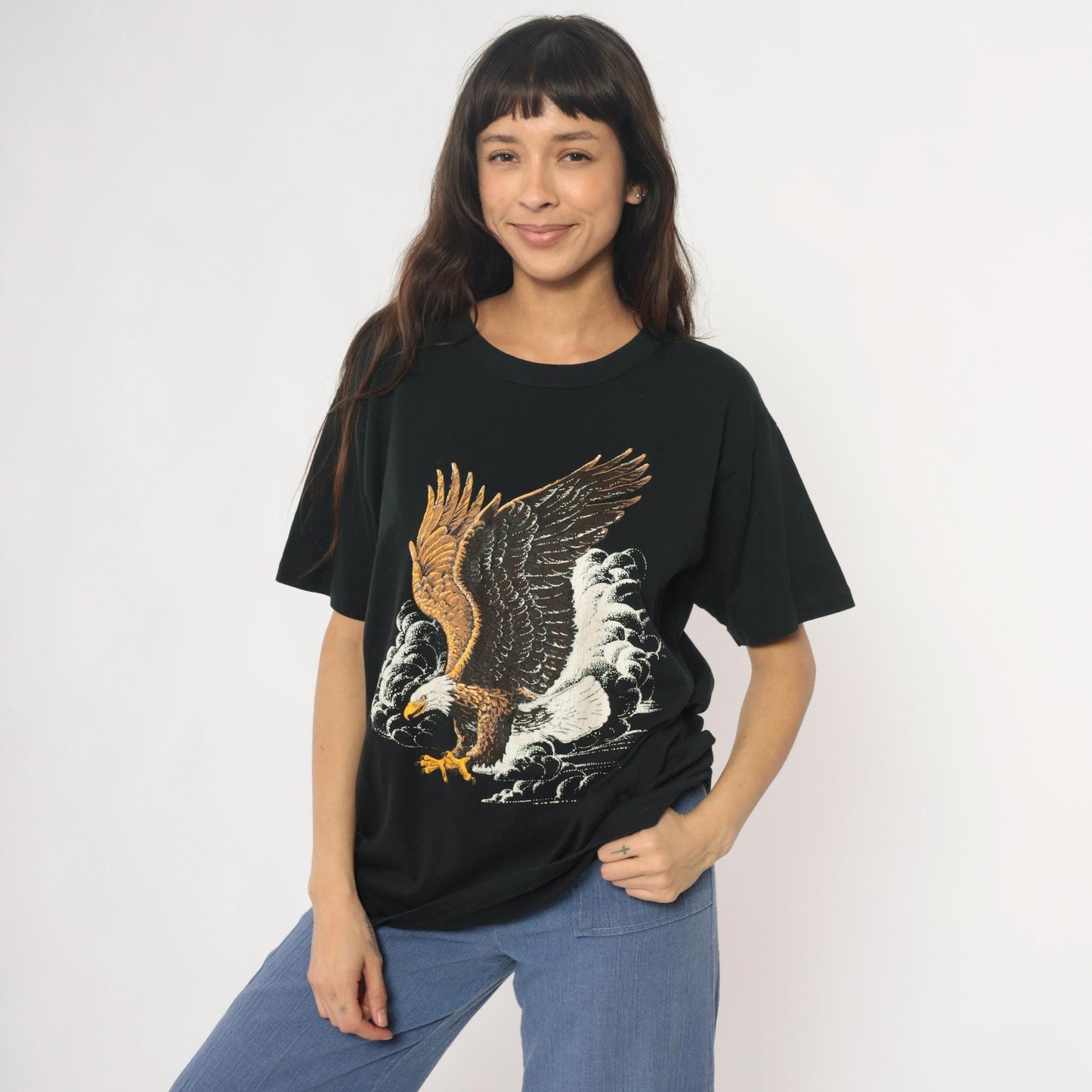 90s Bald Eagle Graphic T-Shirt Black Cotton Tee Large L