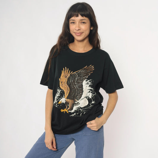 90s Bald Eagle Graphic T-Shirt Black Cotton Tee Large L