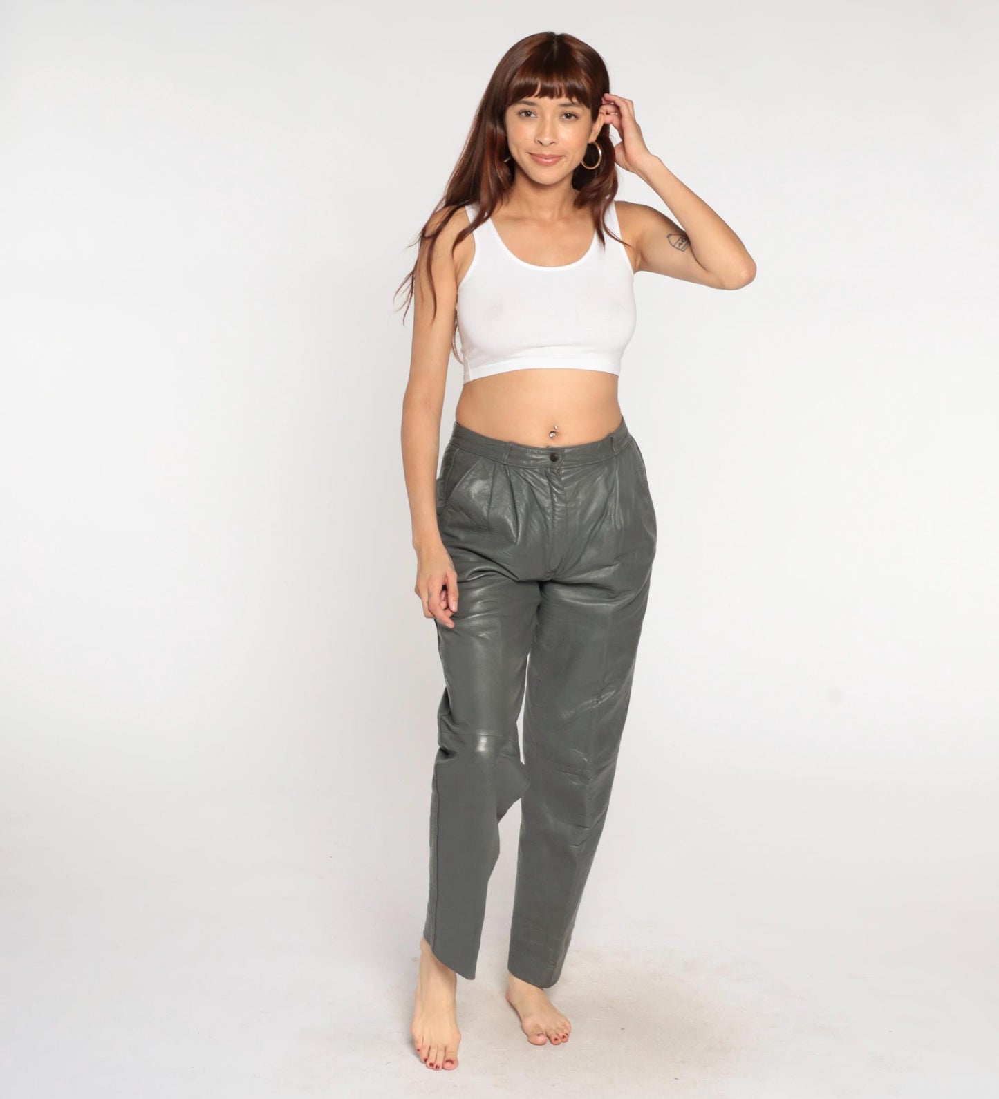 80s Grey Leather Pants High Waist Pleated Front Tapered Leg Medium