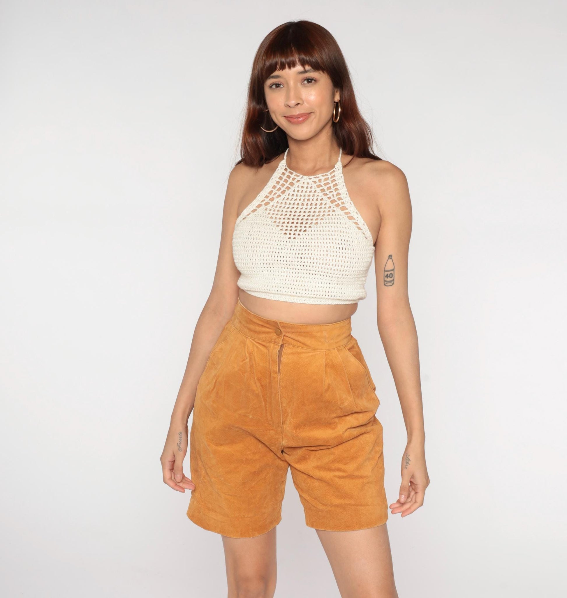 90s Chia Leather Shorts High Waisted Tan Bermuda Pleated Medium