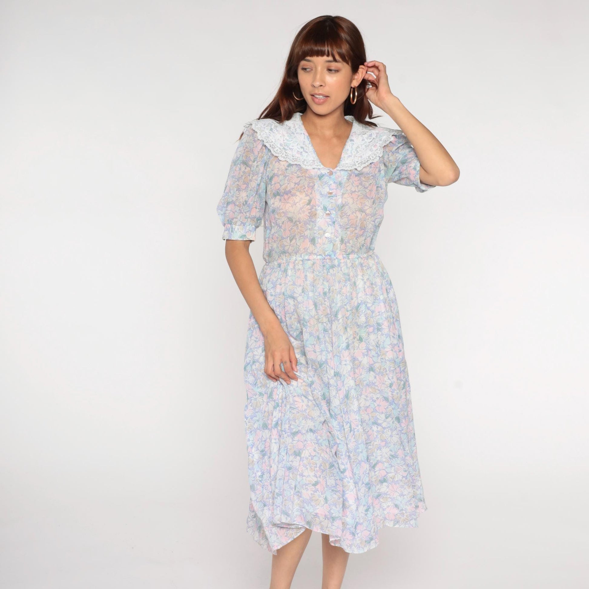 80s Act 1 Floral Midi Dress White Lace Collar Puff Sleeve Small