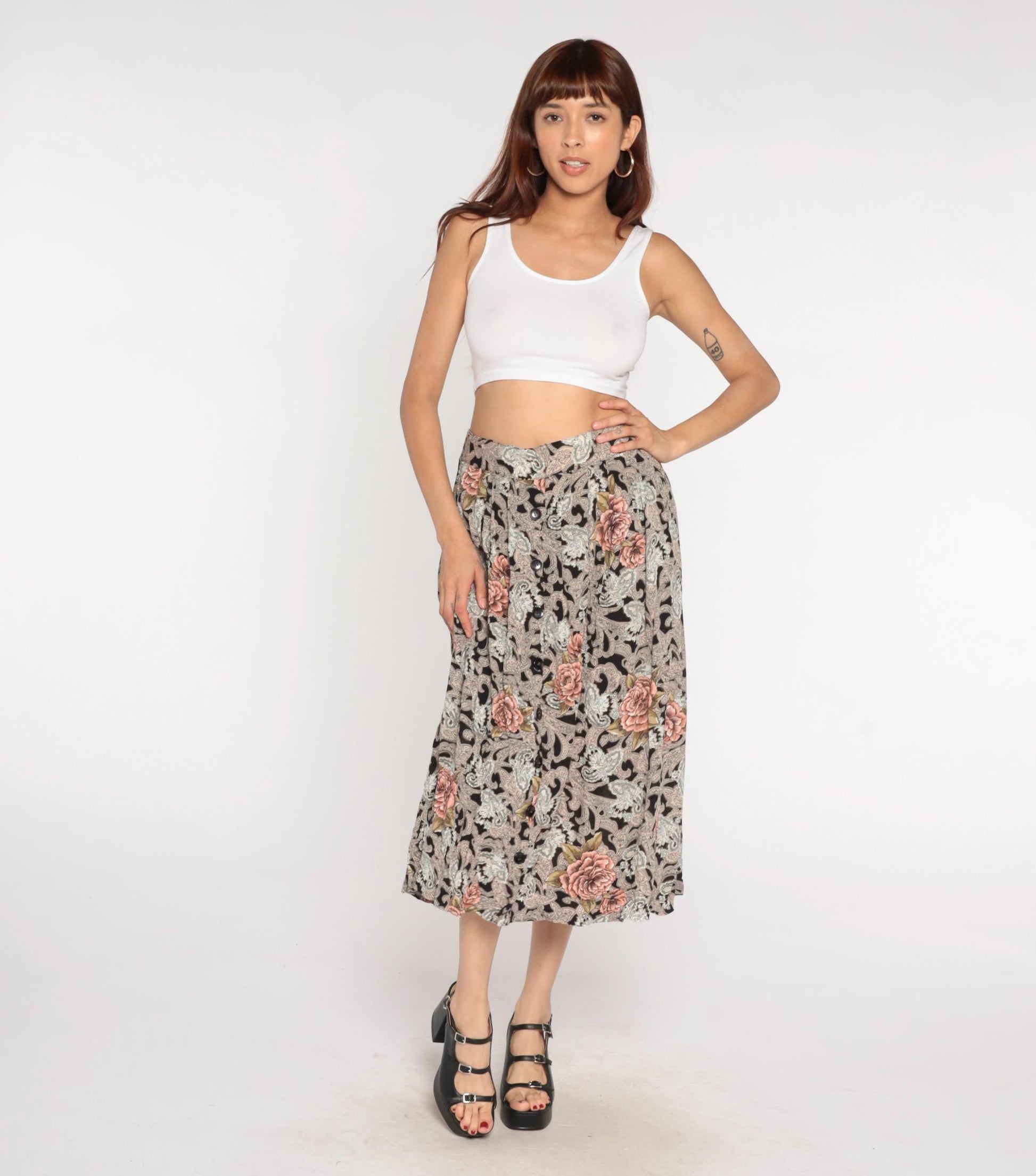 90s Melrose Floral Paisley Midi Skirt Black Pink Elastic Waist Large