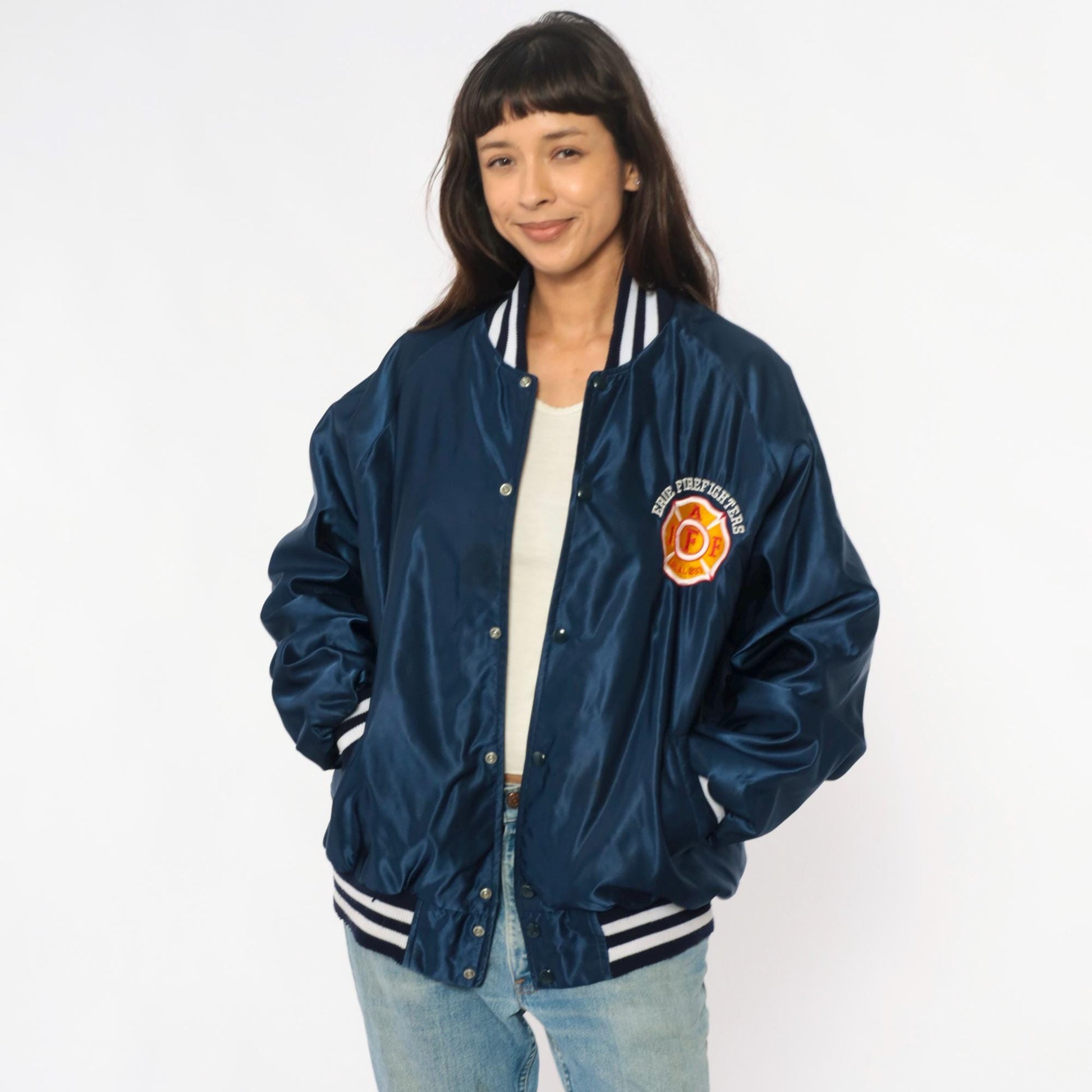 90s Erie Firefighters Navy Satin Bomber Jacket Embroidered Patch Extra Large XL
