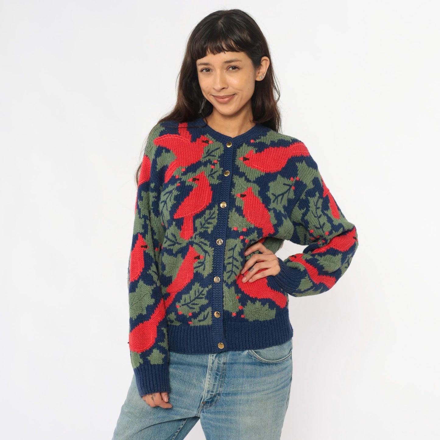90s Orvis Cardinal Cardigan Navy Botanical Knit Large L