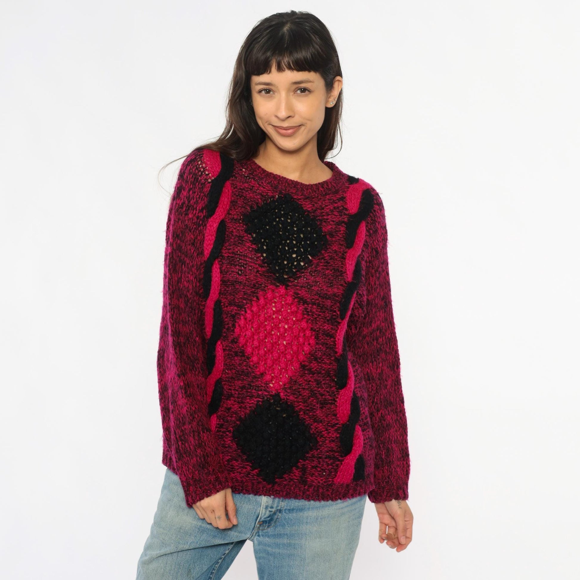 80s Safret Burgundy Diamond Cable Knit Sweater Medium M