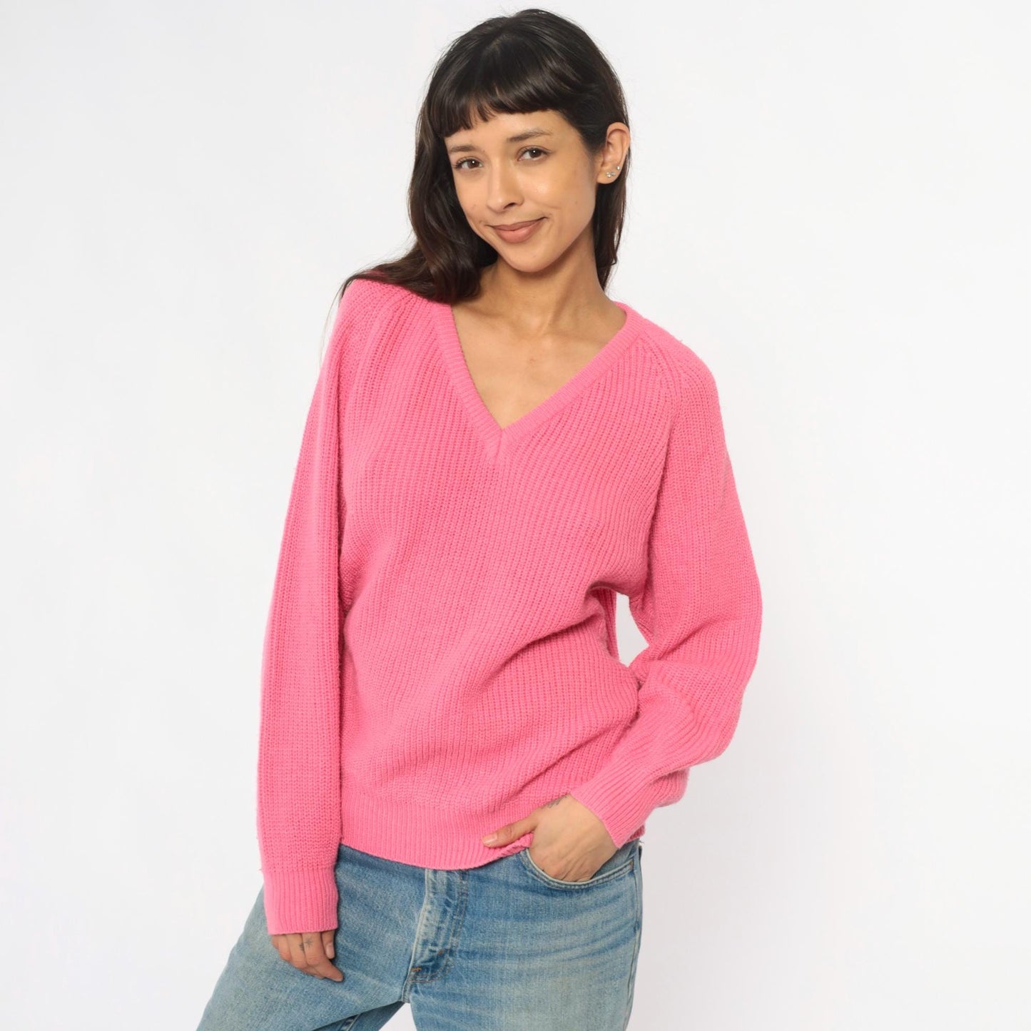 90s Pink V-Neck Sweater Ribbed Knit Pullover Jumper Large L