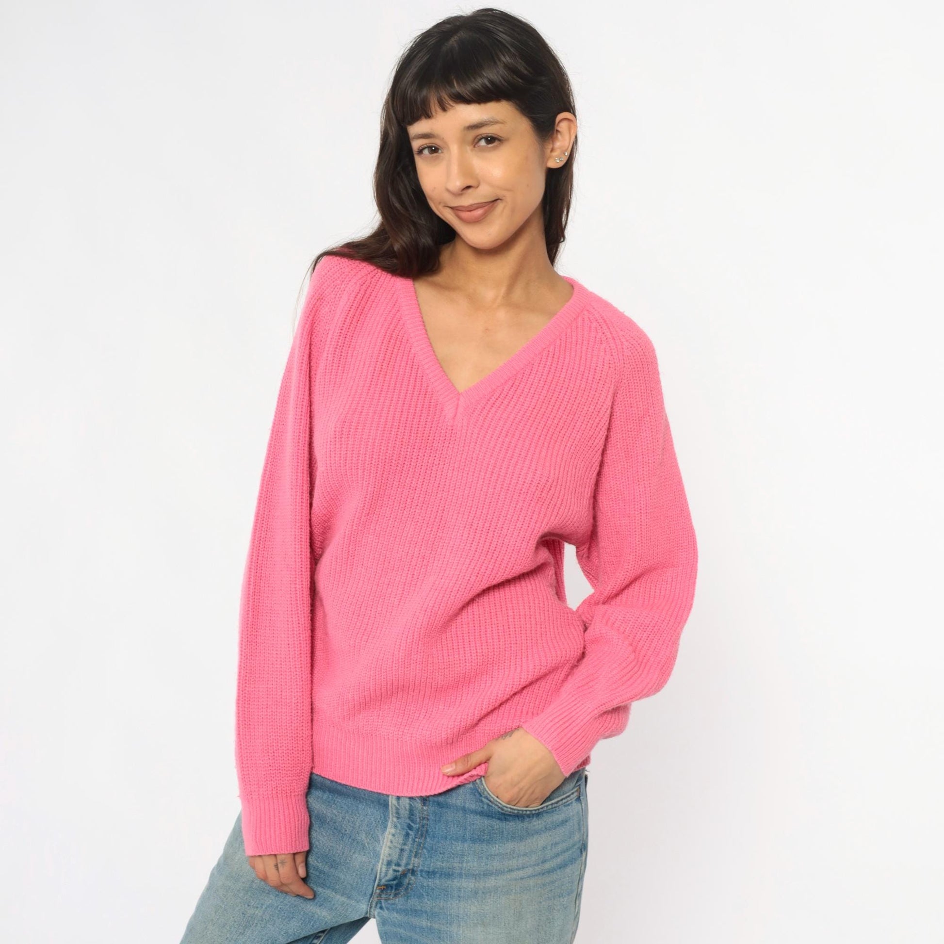 90s Pink V-Neck Sweater Ribbed Knit Pullover Jumper Large L