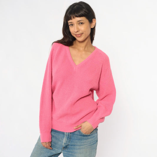 90s Pink V-Neck Sweater Ribbed Knit Pullover Jumper Large L
