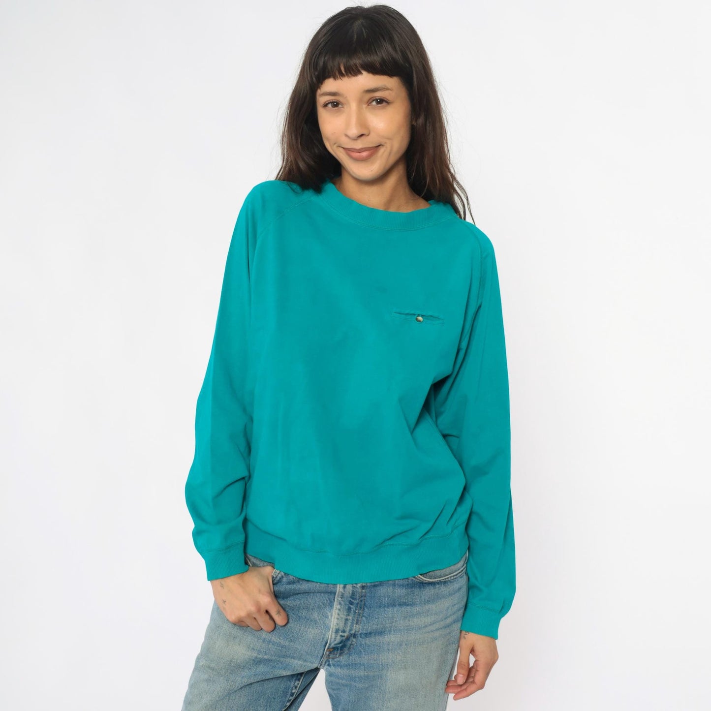 90s Turquoise Cotton Raglan Sweatshirt Pocket Button Detail Medium M