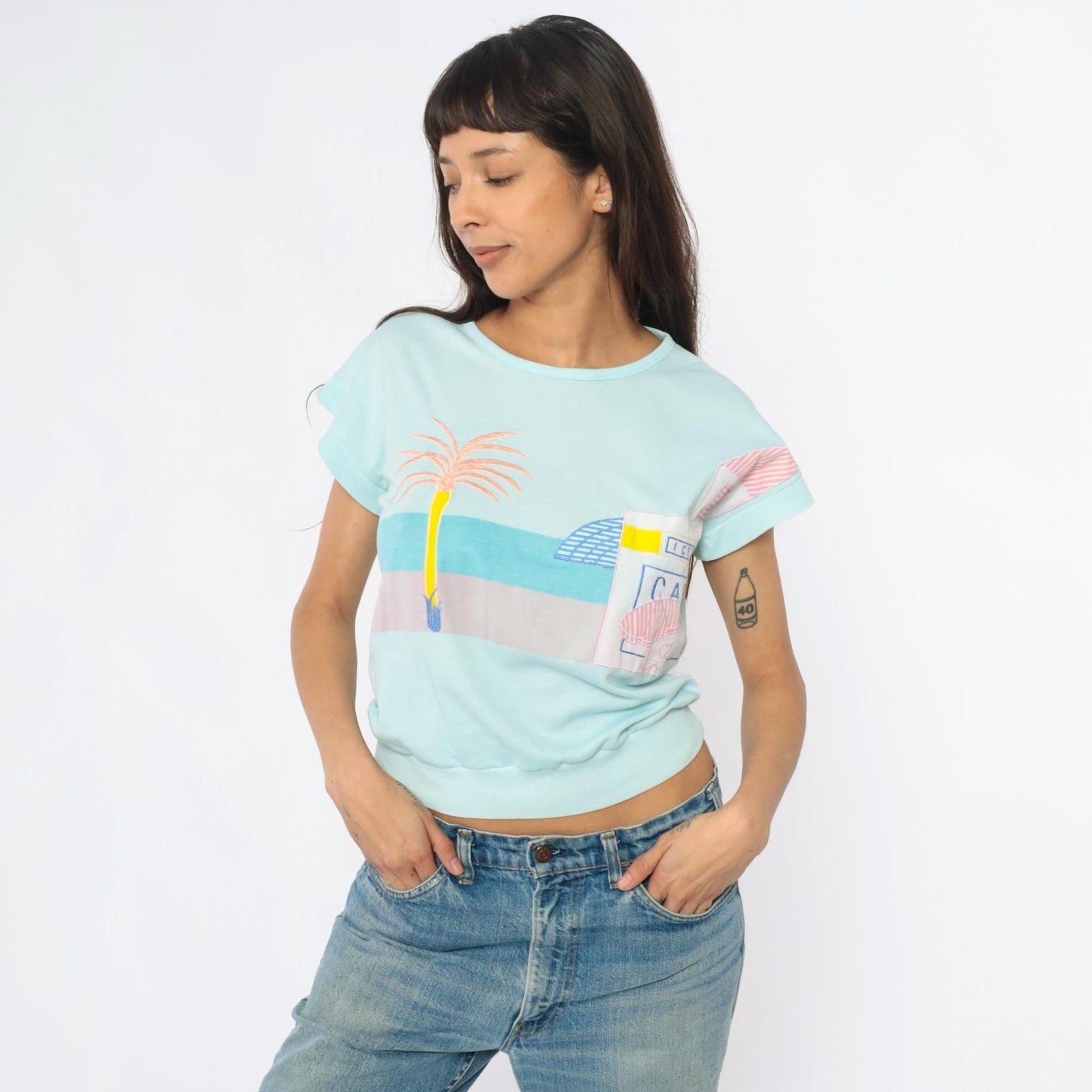 80s Beach Cafe Graphic Sweatshirt Mint Blue Cropped Pocket Medium