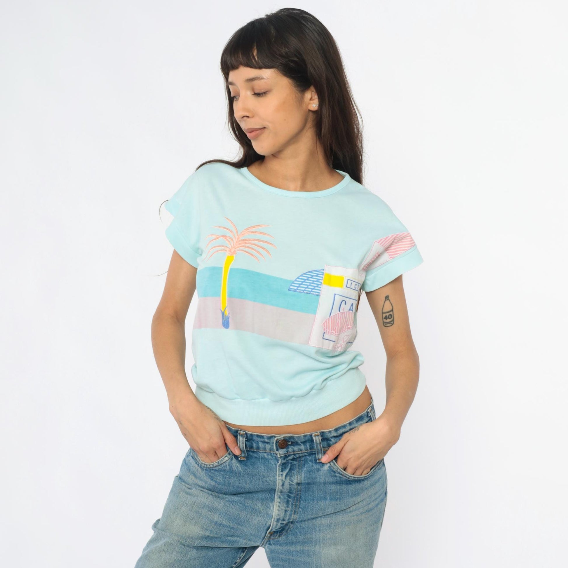 80s Beach Cafe Graphic Sweatshirt Mint Blue Cropped Pocket Medium