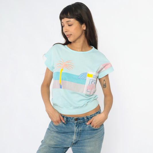 80s Beach Cafe Graphic Sweatshirt Mint Blue Cropped Pocket Medium